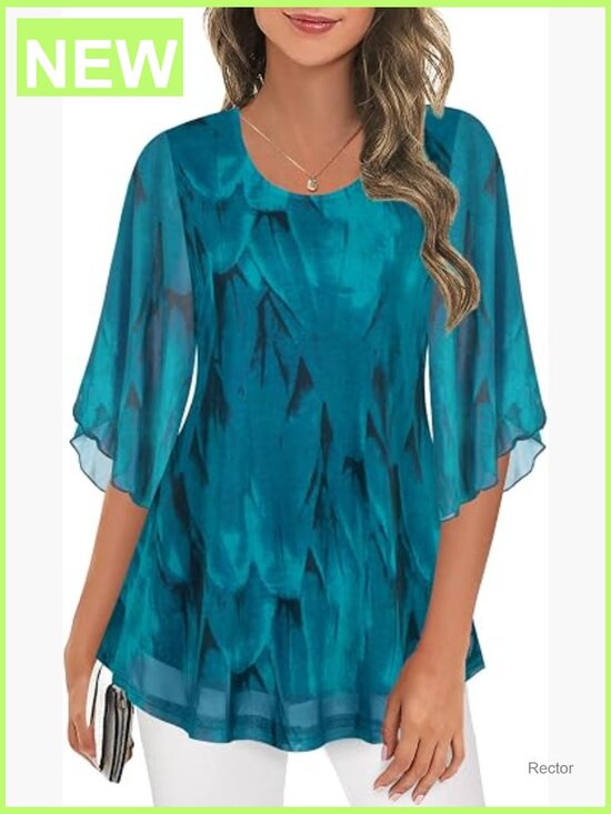 Tops - Women's Tunics 3/4 Sleeve Blouses Dressy Casual Double Layer Mesh Tunic Shirts